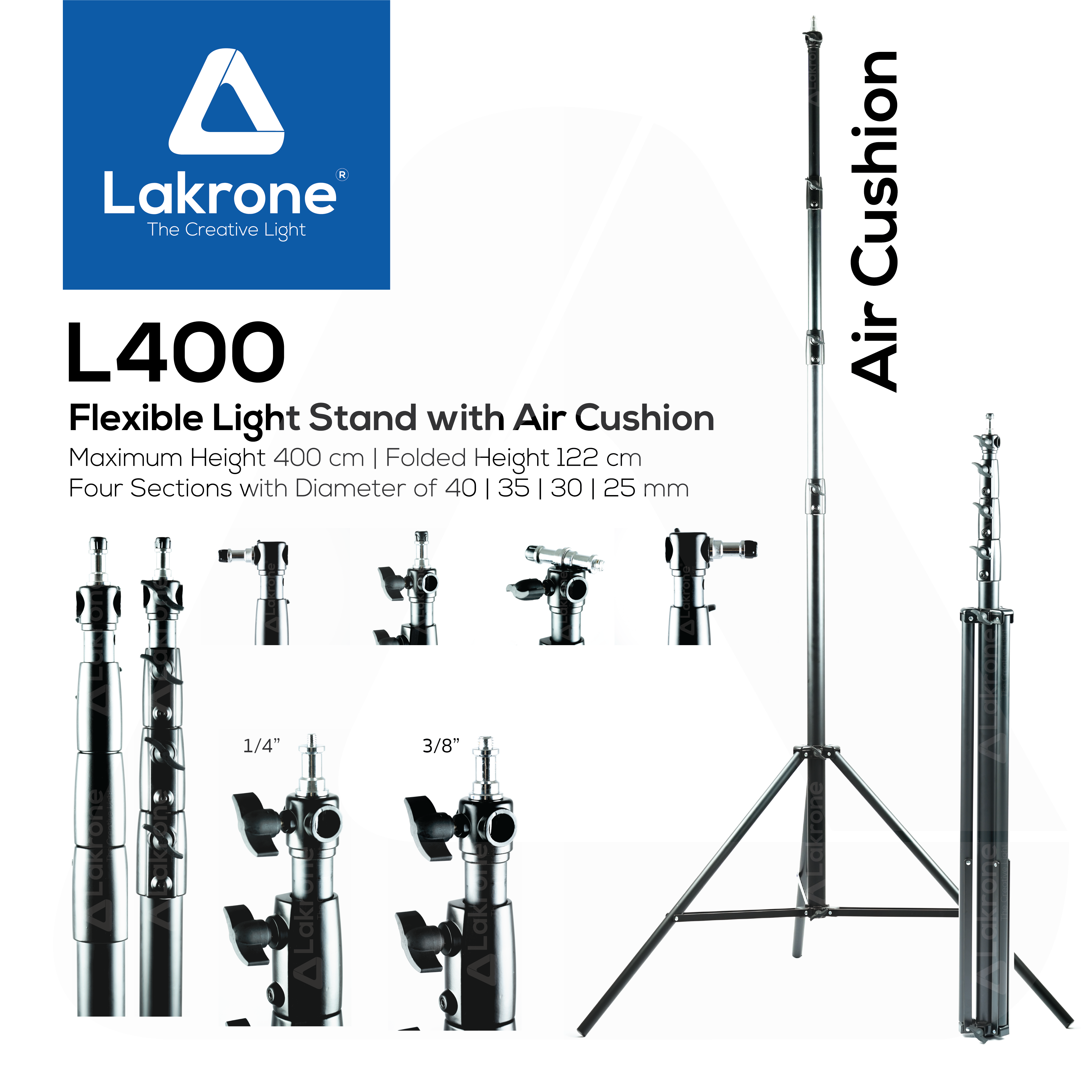 L400 ขาตั้งไฟแบบเหล็กพรีเมี่ยม Flexible Light Stand with Air Cushion ปรับได้ 122 - 400 ซม