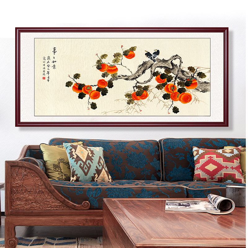 #ภาพวาดพู่กันจีน ภาพลูกพลับสุก พร้อมกระจก,กรอบไม้(คละสี) ขนาด 60x120 cm.