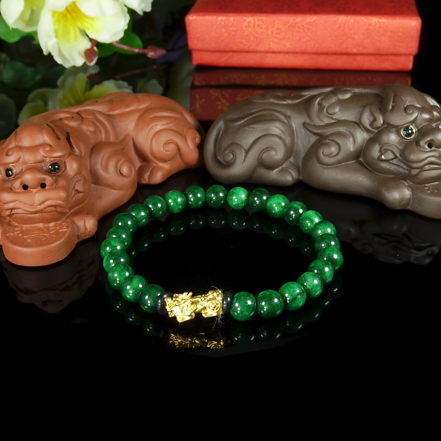 ข้อมือหินอาเกตสีเขียว ปี่เซี๊ยะทองคำแท้ 99.99% น้ำหนัก 0.27 กรัม /ข้อมือ 14-16 เซน