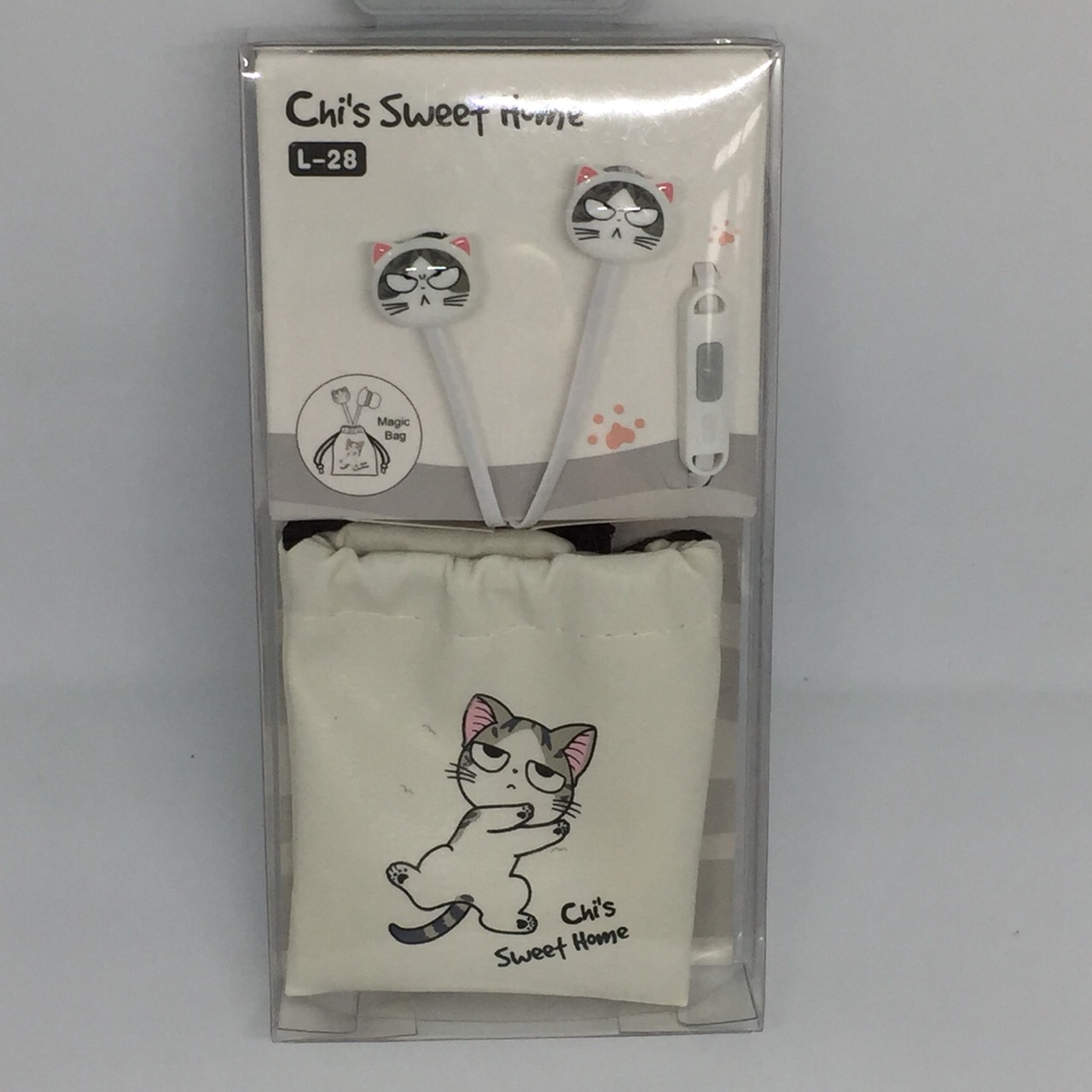 ชุดหูฟังลายน่ารัก พร้อมถุงเก็บสาย ลายแมวสีขาว