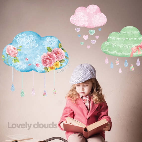 KR-0091 Wall Sticker วอลล์สติ๊กเกอร์แต่งผนังลาย Lovely Clouds เมฆฝนแนววินเทจ ขนาดเเผ่น 50x70 cm