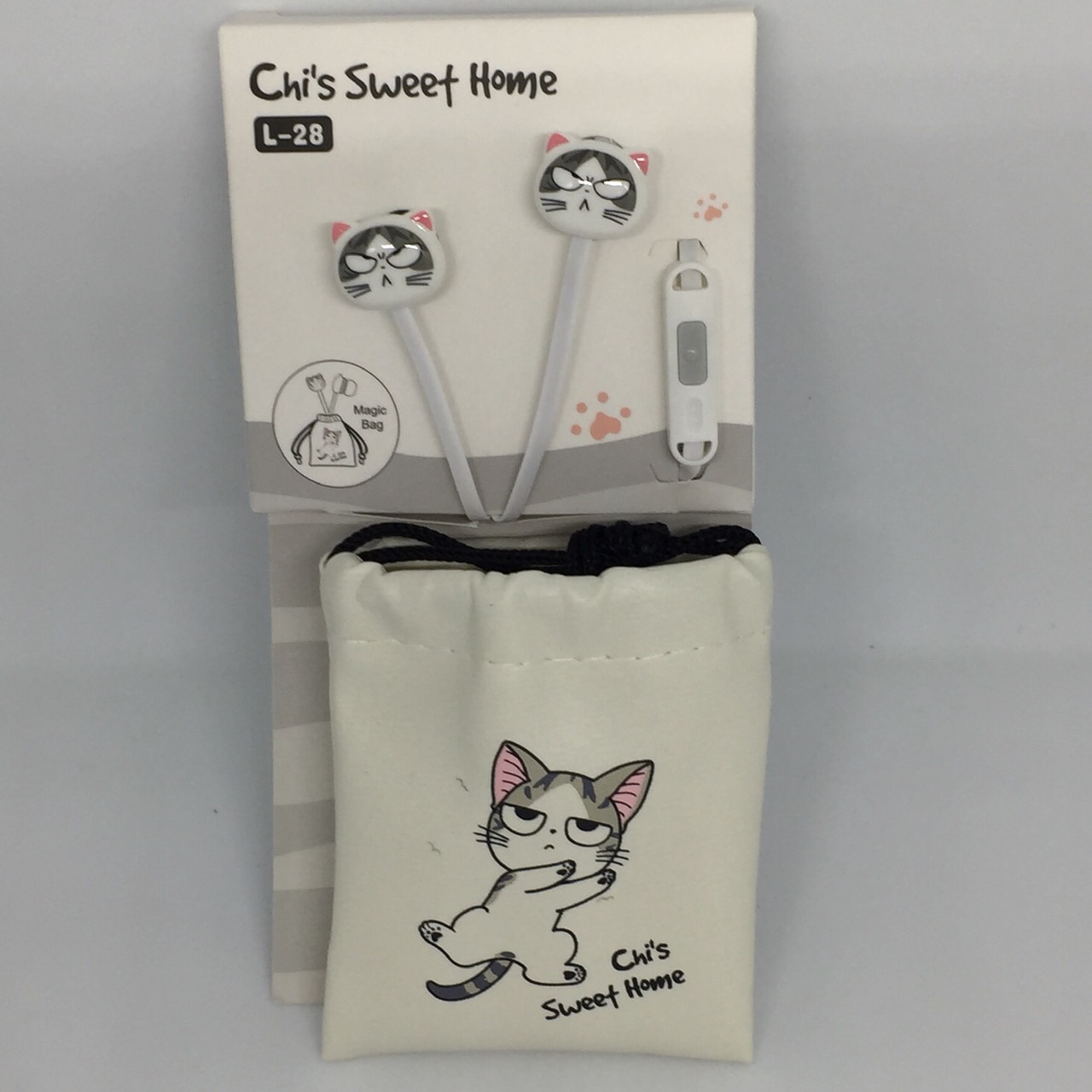 ชุดหูฟังลายน่ารัก พร้อมถุงเก็บสาย ลายแมวสีขาว