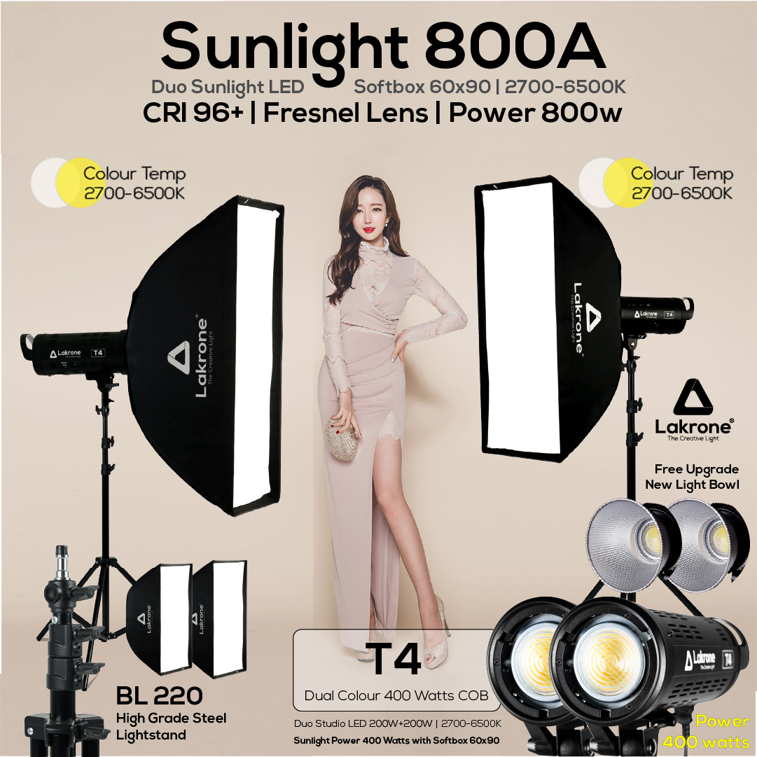 Sunlight 800A ชุดไฟคู่ถ่ายวีดีโอ Sunlight T4 ปรับสีได้ 2700 - 6500K ขาตั้งไฟ BL220 พร้อม Softbox 60x90