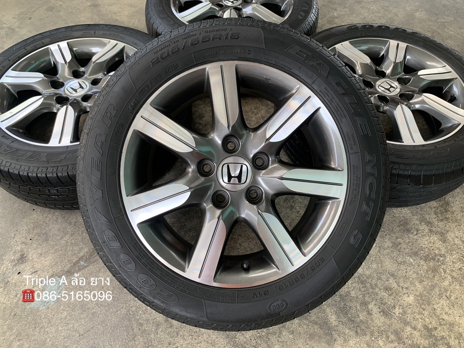 ✨ล้อแม็ก 5รู114✨Honda ลาย 7 ก้าน ขอบ 16 เทาหน้าเงา พร้อมยาง 205-55-16 Goodyear ปลายปี 20