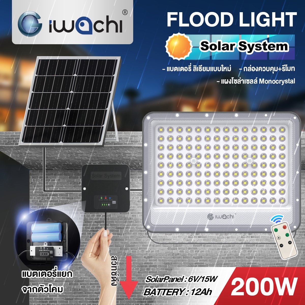 ชุดโคม FLOOD LIGHT SOLAR SYSTEM 200w แสงขาว