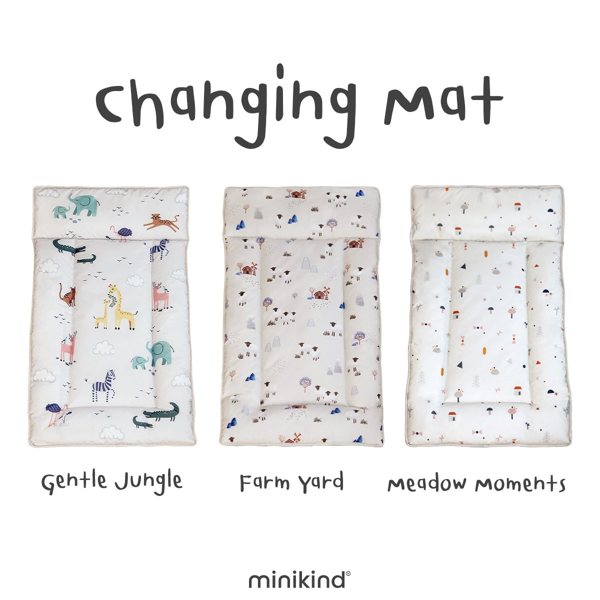 Minikind เบาะรองเปลี่ยนผ้าอ้อม Changing Mat ผลิตจาก PVC ง่ายต่อการเช็ดทำความสะอาด ออกแบบพิมพ์ลายสามารถใช้ได้ 2 ด้าน