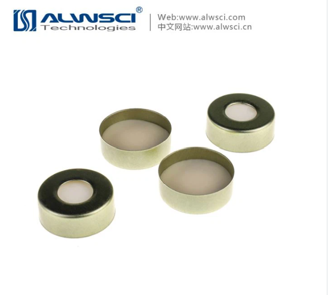 20mm ฝา crimp สีทอง Magnetic Crimp Cap (10mm hole) with 20mm Natural PTFE/White Silicone Septa (100ชิ้น/แพ็ค)