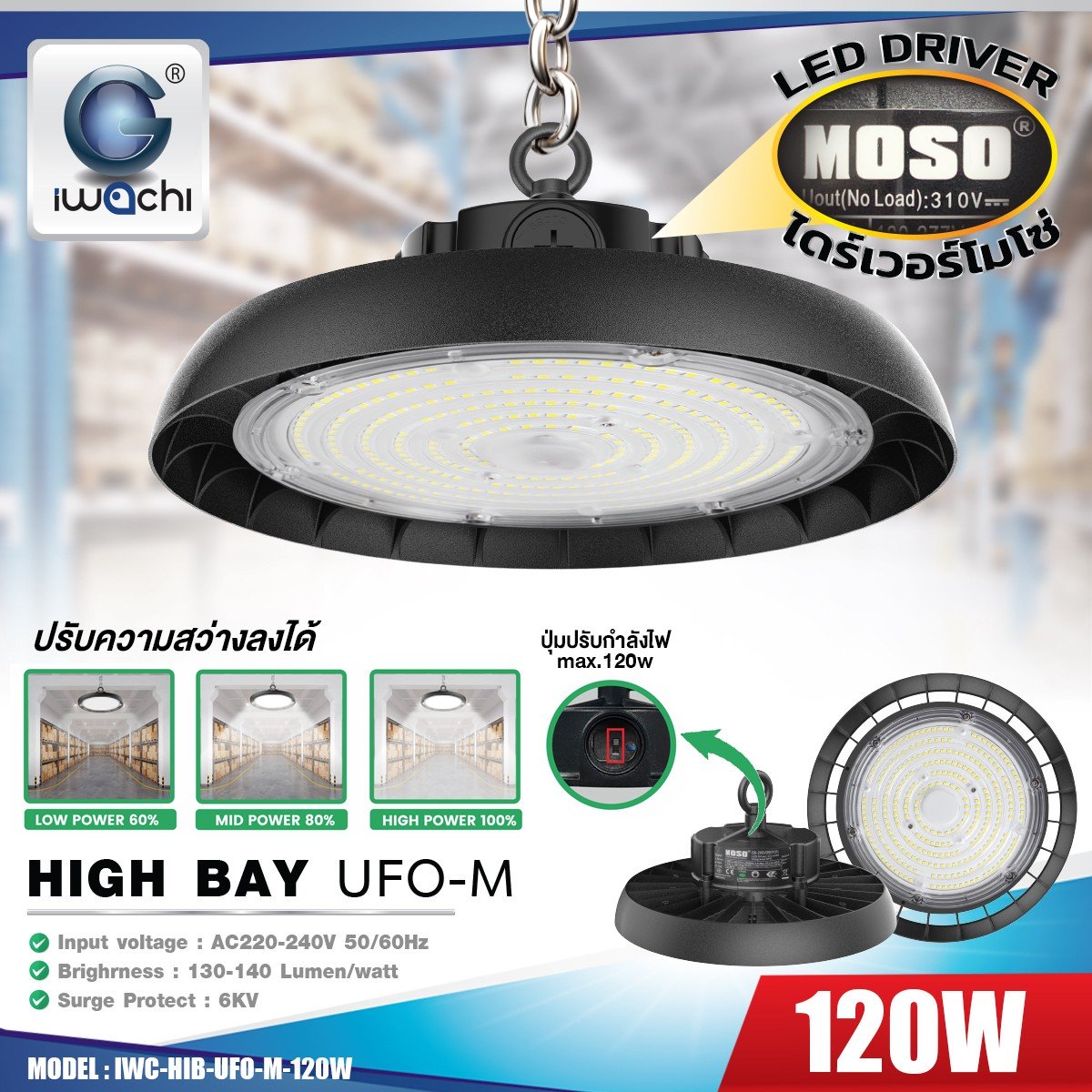 โคมไฮเบย์ รุ่น UFO ไดเวอร์ MOSO LED 120w แสงขาว
