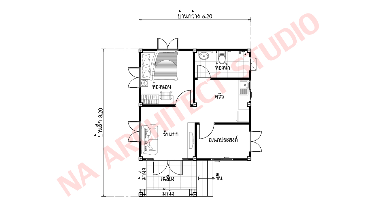 แบบบ้านชั้นเดียว สไตล์คอนเทมโพรารี่ NA-115 ขนาด 47 ตร.ม. 1 ห้องนอน 1 ห้องน้ำ