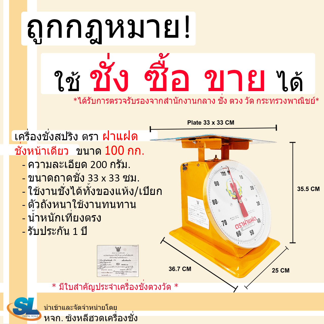 เครื่องชั่งสปริง ตราฝาแฝด ตัวถังเหล็ก พิกัด 100 กก. จานแบน