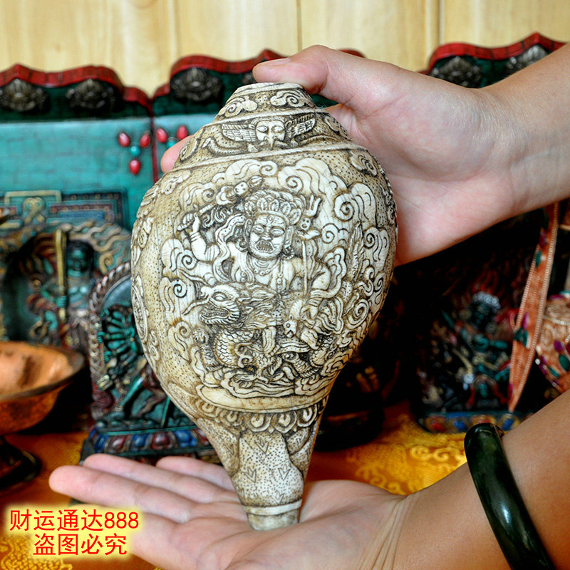 หอยสังข์อินเดียสีขาวแกะลายโดยช่างฝีมือเนปาล สำหรับใช้เป่าในพิธีกรรมทางศาสนา ขนาด 18 cm.