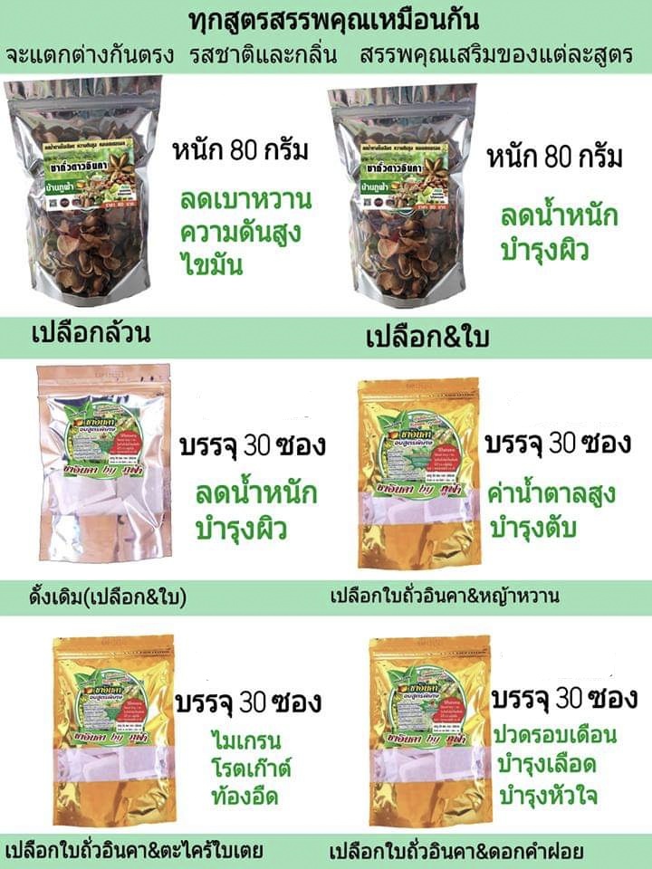 รวม มี4รายการ ตรา สมุนไพรภูฟ้า สมุนไพรไร่กอเงิน & ฟ้าทะลายโจร & ชาถั่วดาวอินคา & ถั่วดาวอินคาอบแห้ง บ้านภูฟ้า ภูฟ้า