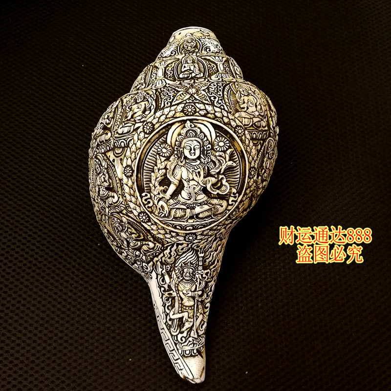 หอยสังข์อินเดียสีขาวแกะลายโดยช่างฝีมือเนปาล สำหรับใช้เป่าในพิธีกรรมทางศาสนา ขนาด 22 cm.