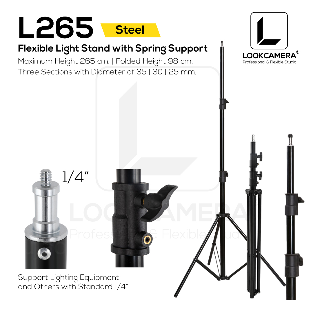 L260 ขาตั้งไฟแบบเหล็กพรีเมี่ยมมีระบบสปริง Flexible Light Stand with Spring Support ปรับได้ 89 - 265 ซม.