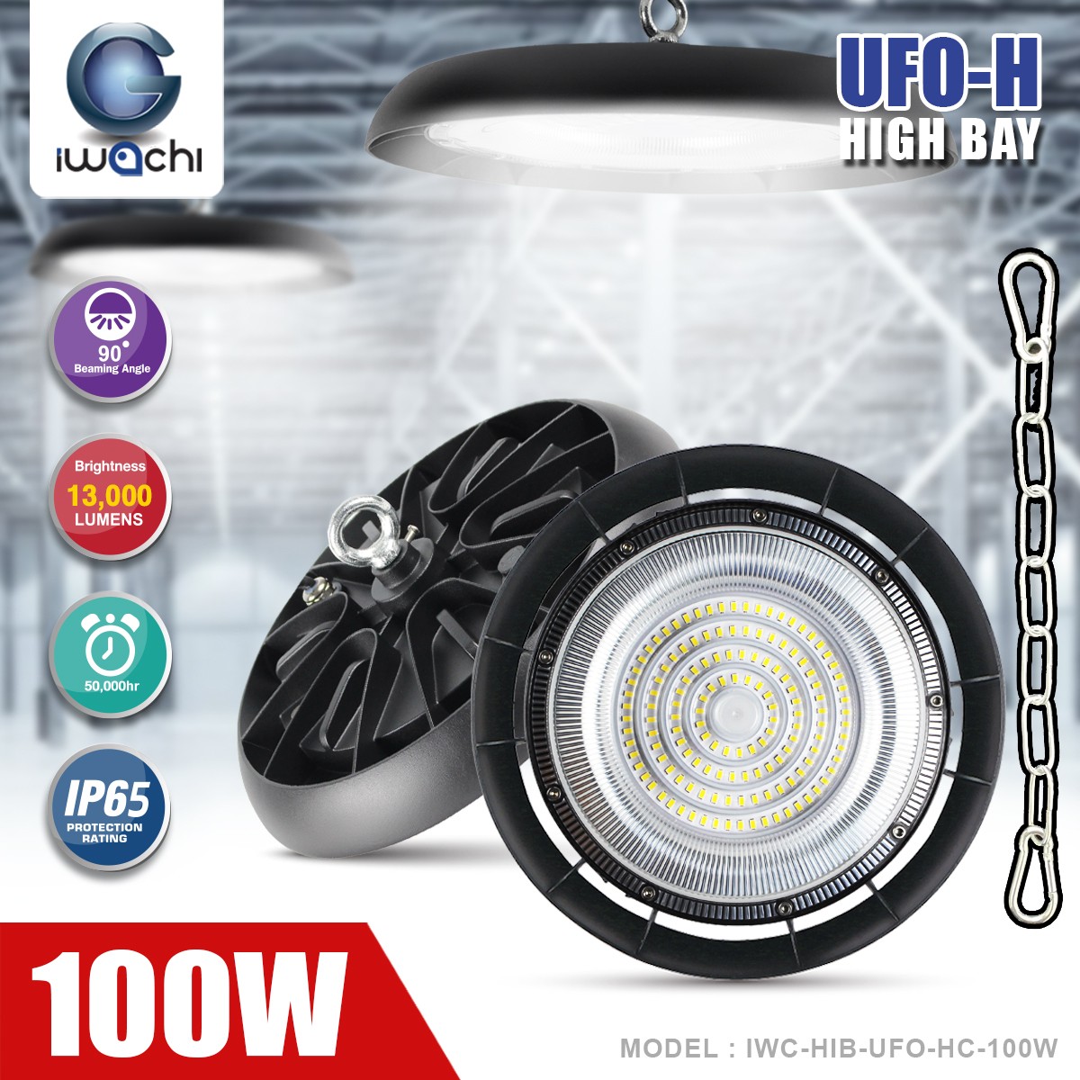 โคมไฮเบย์ รุ่น UFO-HC มีโซ่ LED 100w แสงขาว