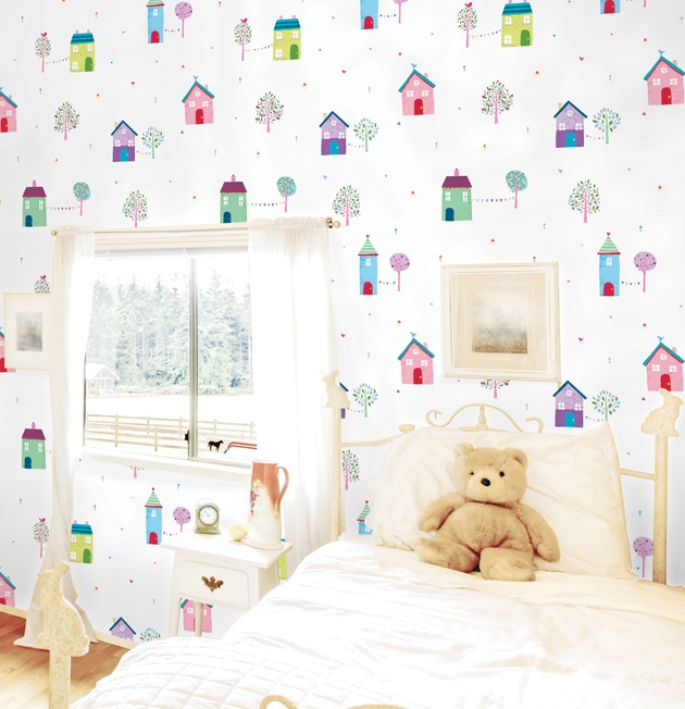 HWP-21496 Wallpaper Sticker วอลล์เปเปอร์ไวนิลแบบมีกาวในตัว ลายบ้านหลากสี หน้ากว้าง 100 cm
