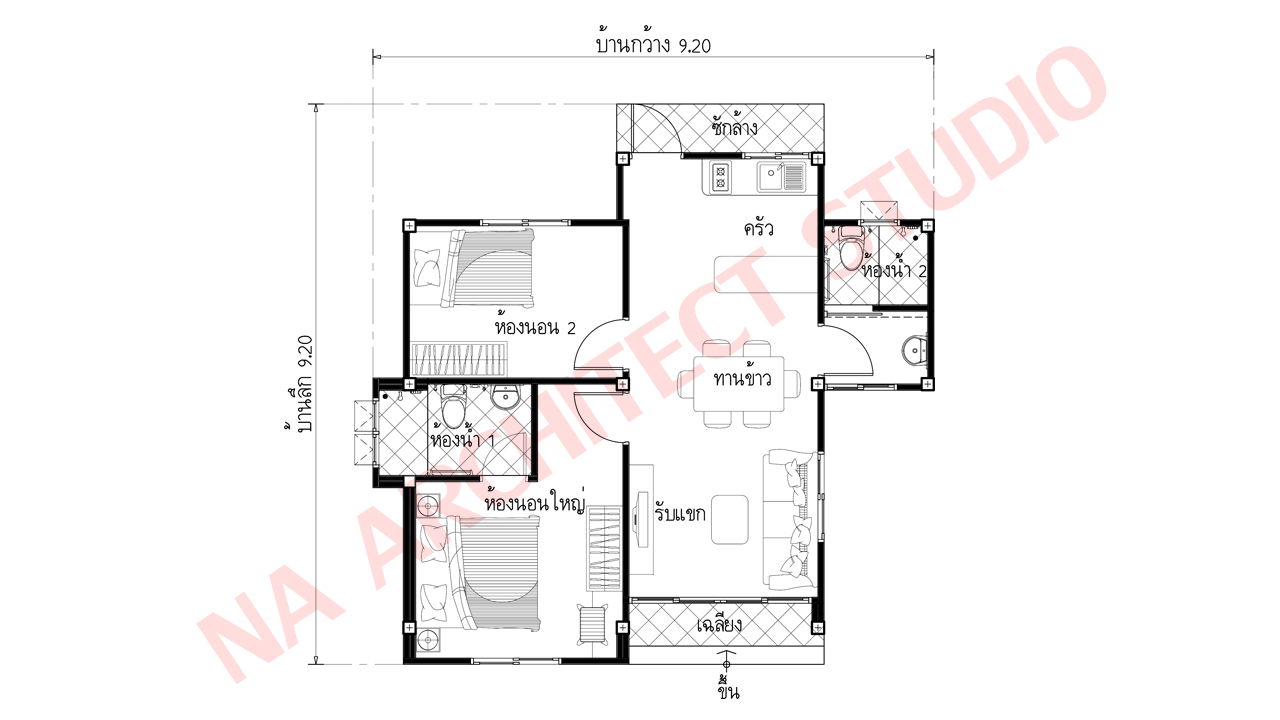 แบบบ้านชั้นเดียว สไตล์โมเดิร์นมินิมอล NA-114 ขนาด 63 ตร.ม. 2 ห้องนอน 2 ห้องน้ำ