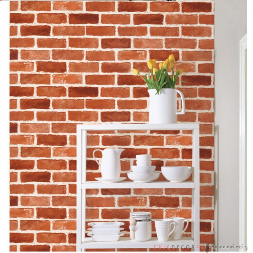 DBS-12 Wallpaper Sticker วอลล์เปเปอร์ไวนิล แบบมีกาวในตัวลายอิฐส้มเข้ม หน้ากว้าง 100 cm