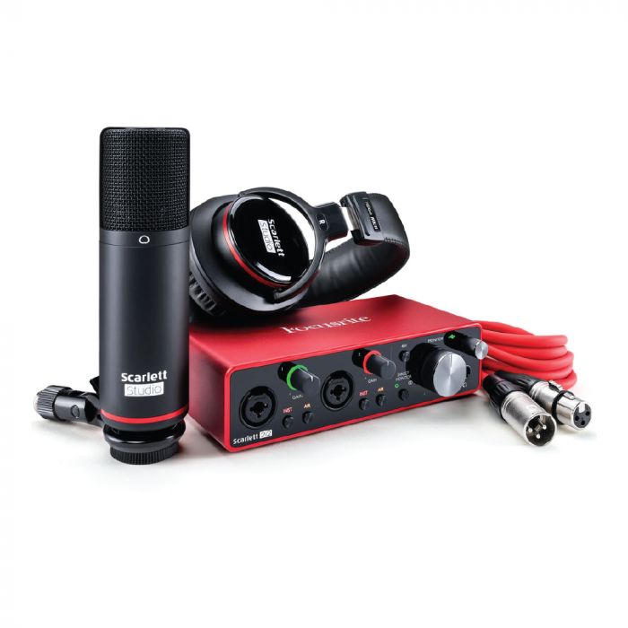 Set of Focusrite Scarlett 2i2 Studio (3RD GEN) ชุดบันทึกเสียงแบบรองรับไมโครโฟนคู่ ไมโครโฟน หูฟัง ตัวปรับแต่งเสียง และ สายเสียง ครบชุดพร้อมใช้งาน