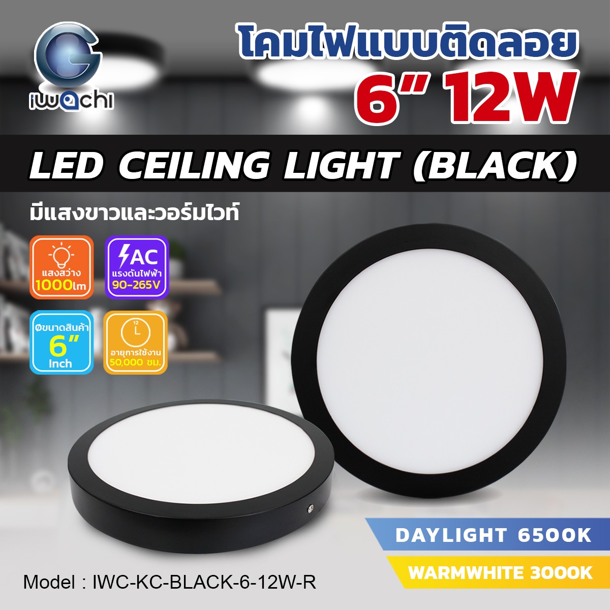 โคมติดลอย Panel / Ceiling Light กลม ขอบดำ 6"/12w แสงวอร์ม