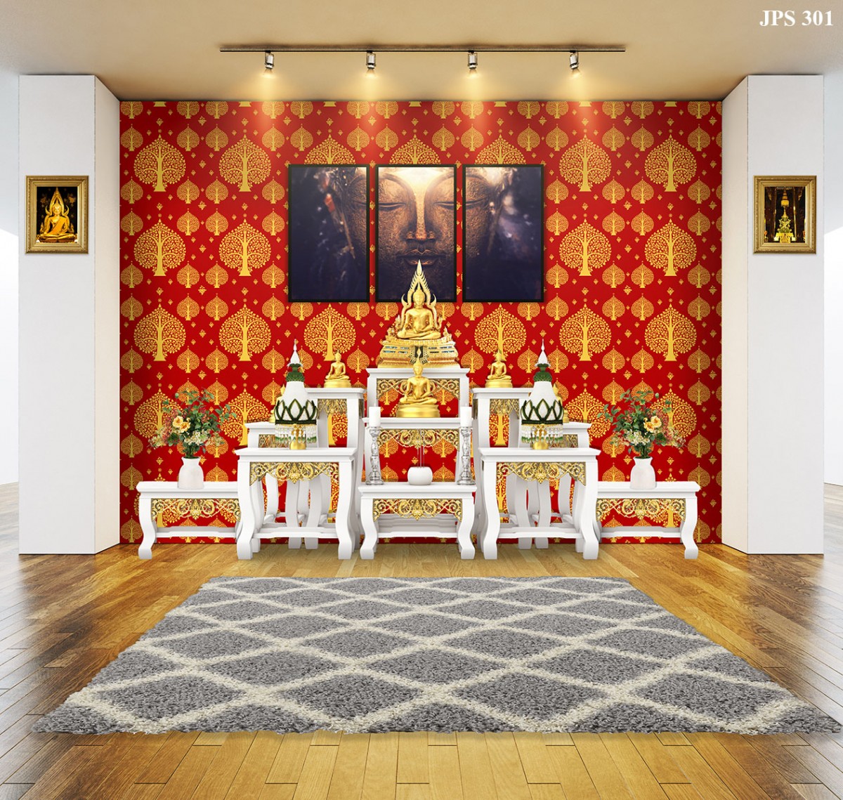 ลายต้นโพธิ์ สีเหลืองทอง พื้นหลังสีแดง