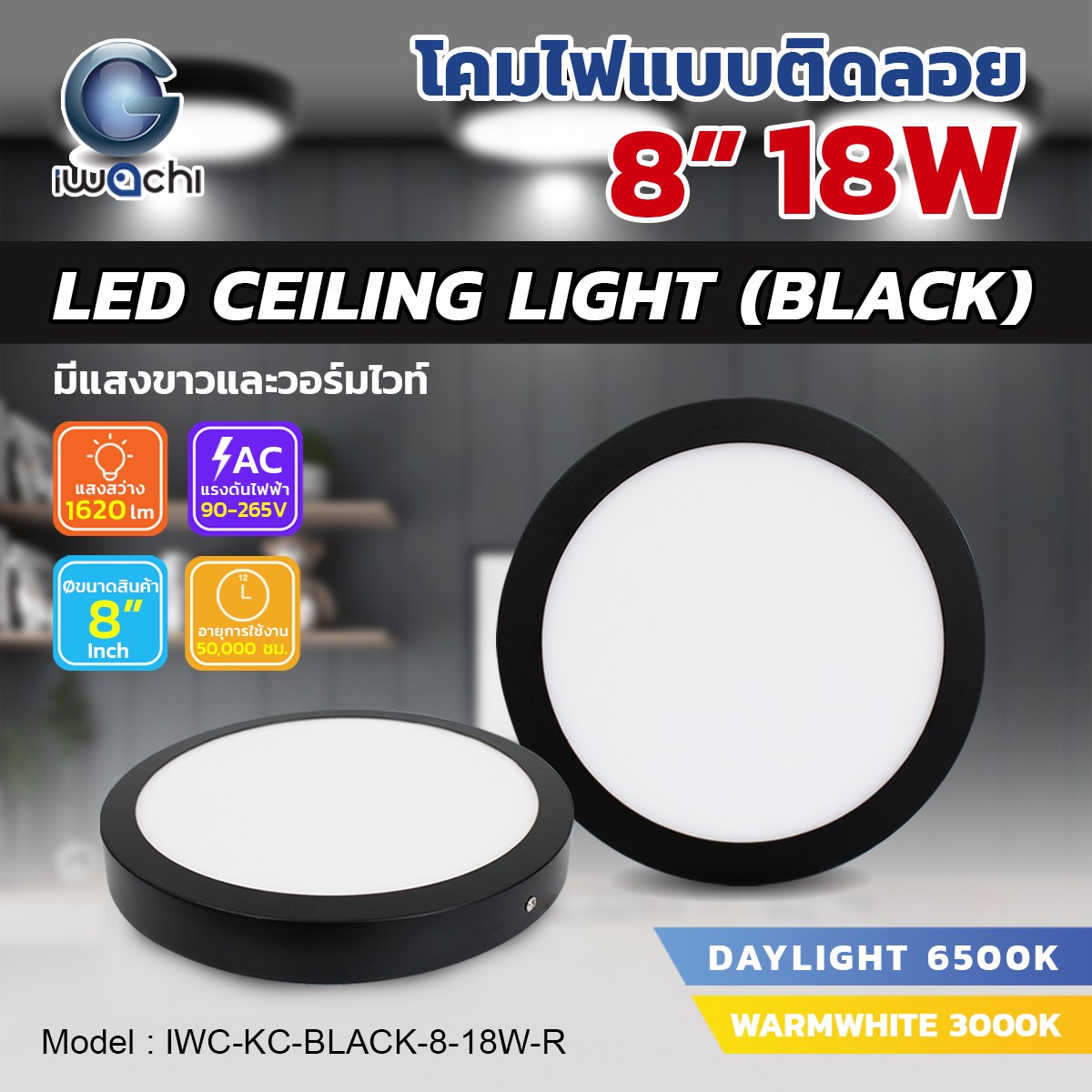 โคมติดลอย Panel / Ceiling Light กลม ขอบดำ 8"/18w แสงขาว