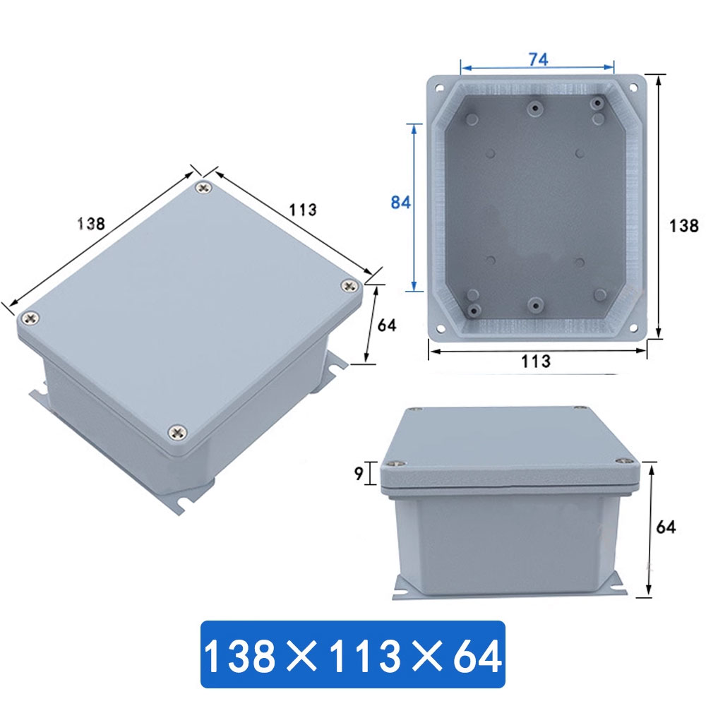 กล่องอลูมิเนียมกันน้ำ IP66 สีเทา ขนาด 138 X 113 X 64 มม. แบบมีขายึด