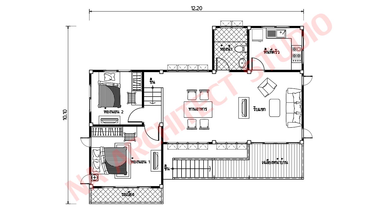 แบบบ้านชั้นครึ่งยกพื้นสูง สไตล์ โมเดิร์น ลอฟท์ NA-107 ขนาด 91.60 ตร.ม. 2 ห้องนอน 1 ห้องน้ำ