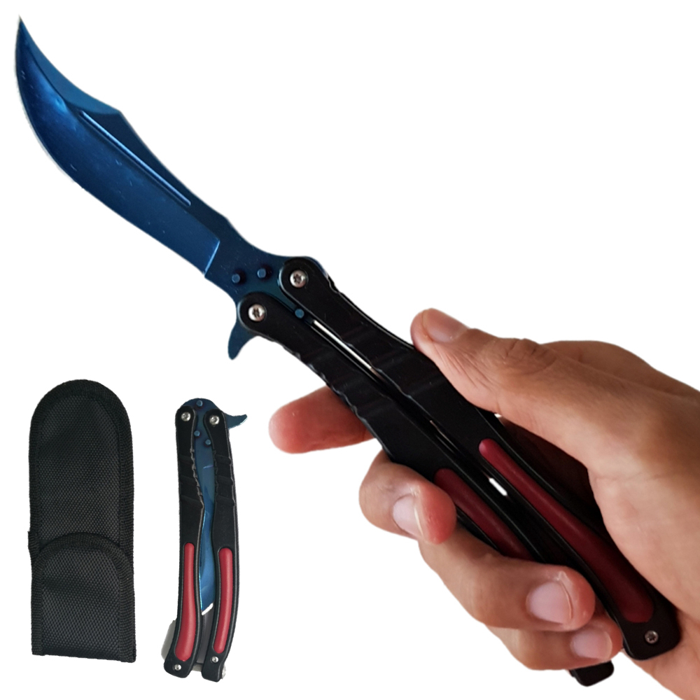 Balisong มีดบาลีซอง มีดควง มีดพับ มีดบัตเตอร์ฟลาย CS GO Counter-Strike (ใบมีดสีน้ำเงิน) พร้อมซองไนล่อน