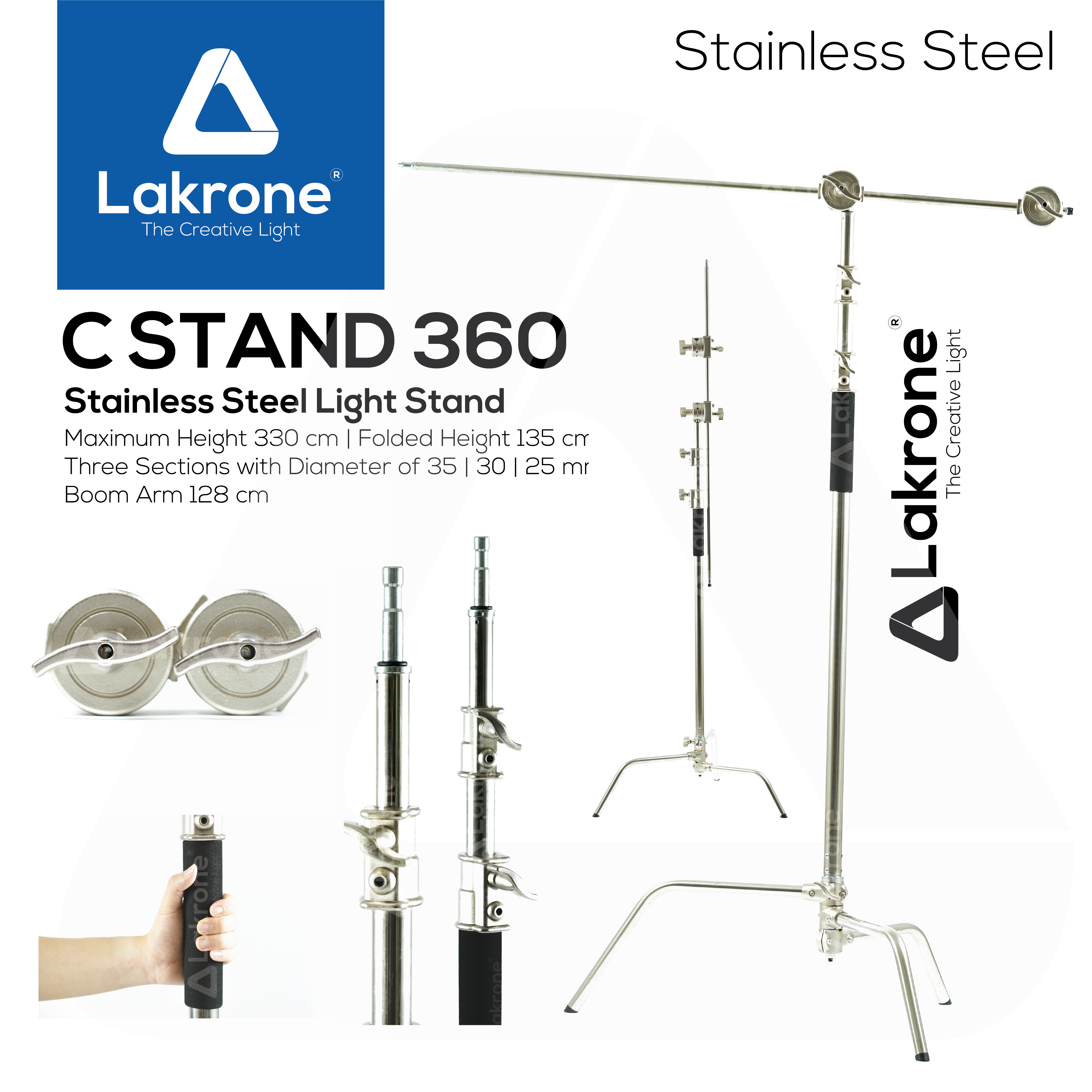 C STAND 360 Stainless Steel Light Stand wiht Boom Arm ปรับได้ 135 - 330 ซม +128 arm