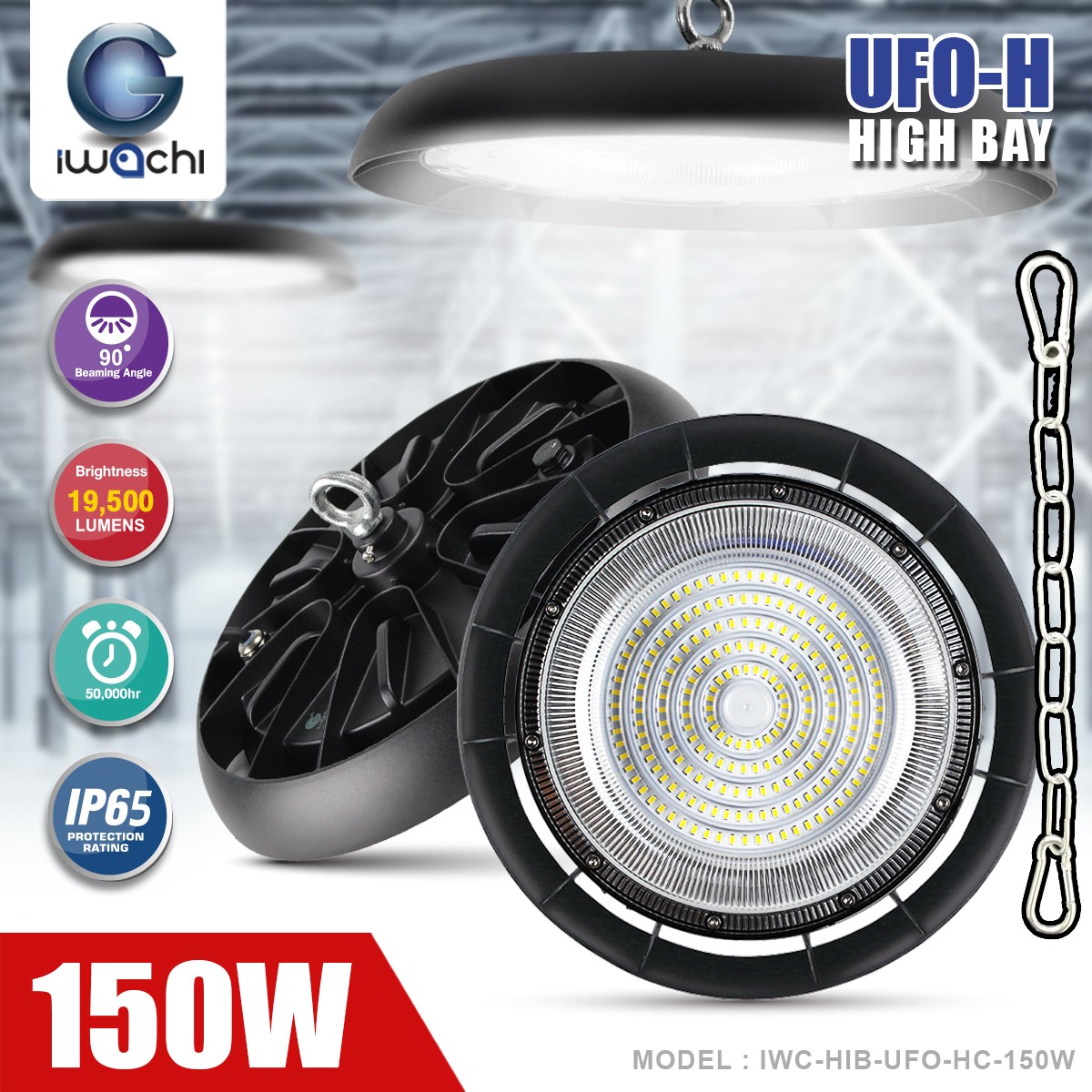 โคมไฮเบย์ รุ่น UFO-HC มีโซ่ LED 150w แสงขาว