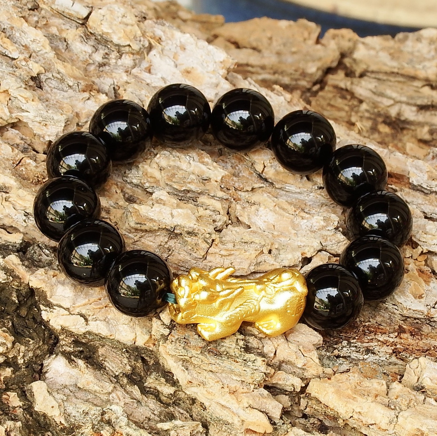 ข้อมือปี่เซี๊ยะเรียกทรัพย์ ลูกปัดหินธรรมชาติ Black Agate ขนาด 14 มิล ข้อมือ 15-18 เซน