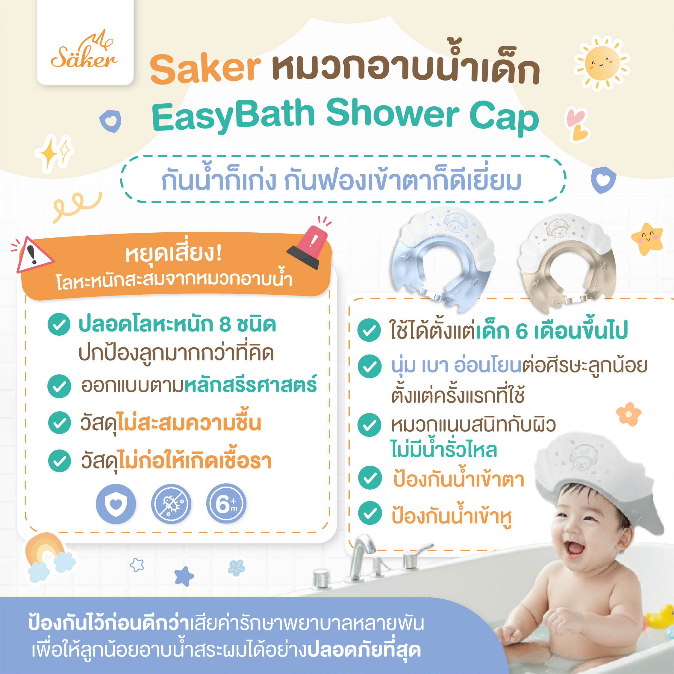 (กันน้ำ,ฟองเข้าตา)Saker หมวกอาบน้ำสระผมเด็ก ปลอดสารโลหะหนัก8ชนิด เด็กใส่แล้วไม่ร้องเวลาน้ำ,ฟองเข้าตา