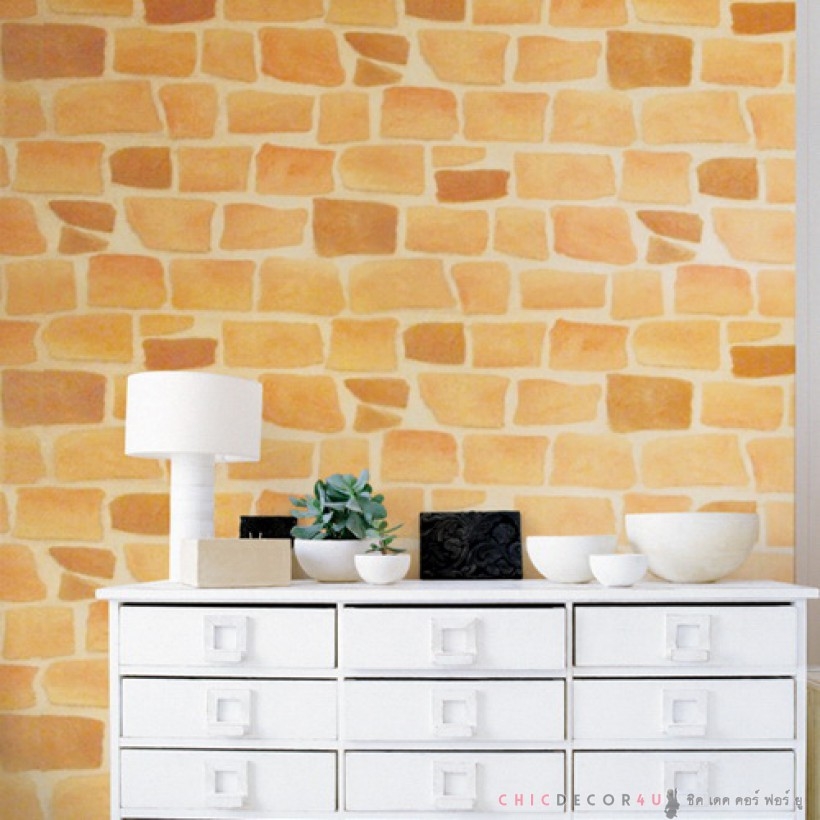 DBS-11 Wallpaper Sticker วอลล์เปเปอร์ไวนิล แบบมีกาวในตัวลายกำแพงหินส้ม หน้ากว้าง 60 cm