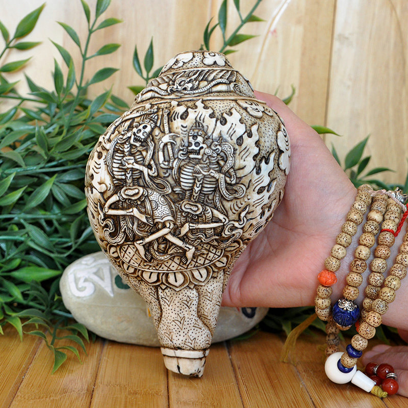หอยสังข์อินเดียสีขาวแกะลายโดยช่างฝีมือเนปาล สำหรับใช้เป่าในพิธีกรรมทางศาสนา ขนาด 18 cm.