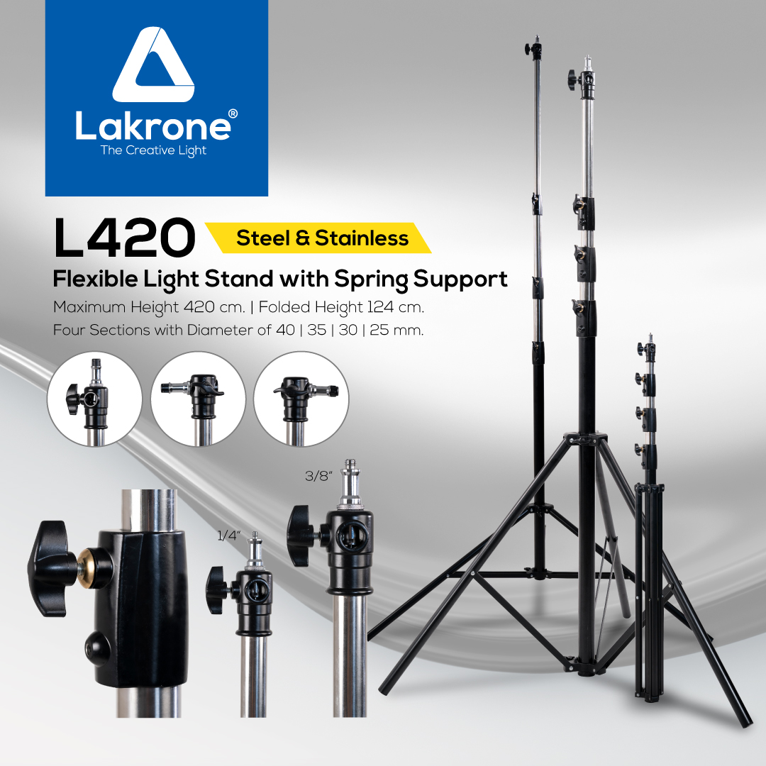 L420 ขาตั้งไฟสตูดิโอแสตนเลสพรีเมี่ยม Flexible Light Stand with Spring Support ปรับได้ 124-420 ซม.