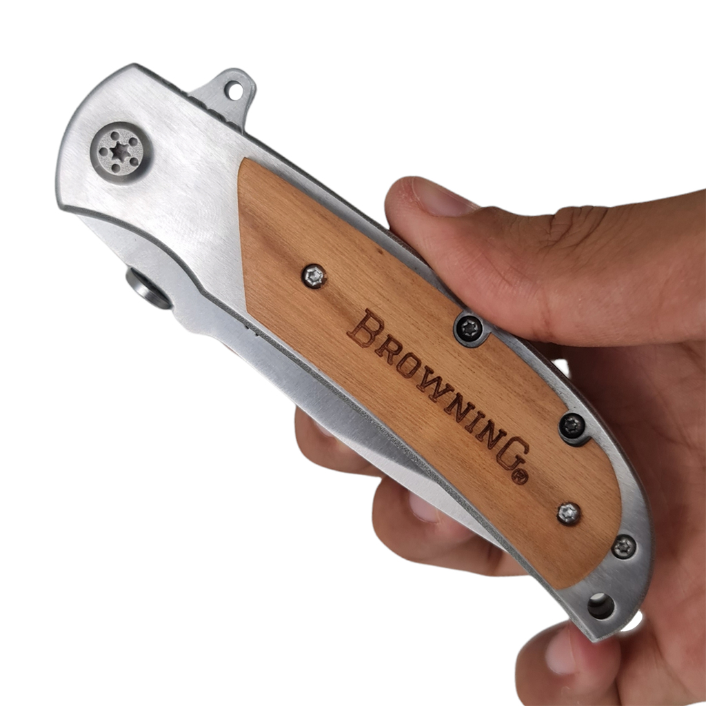 มีดพับ BROWNING ขนาด 8.3 นิ้ว (21 ซม.) ใบมีดสีเงิน ด้ามอลูมิเนียมเข้าประกับไม้
