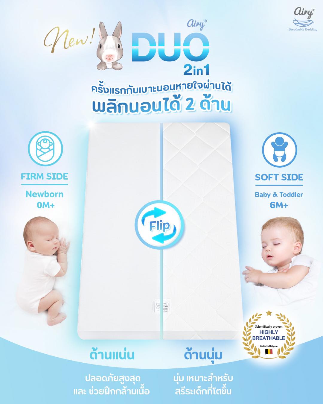 AIRY (แอร์รี่) เบาะนอนหายใจผ่านได้สำหรับเด็ก รุ่นดูโอ พร้อมนวัตวรรมใหม่ นอนได้ถึง 2 ด้าน (ตามช่วงอายุ) ซื้อครั้งเดียวใช้ได้นาน