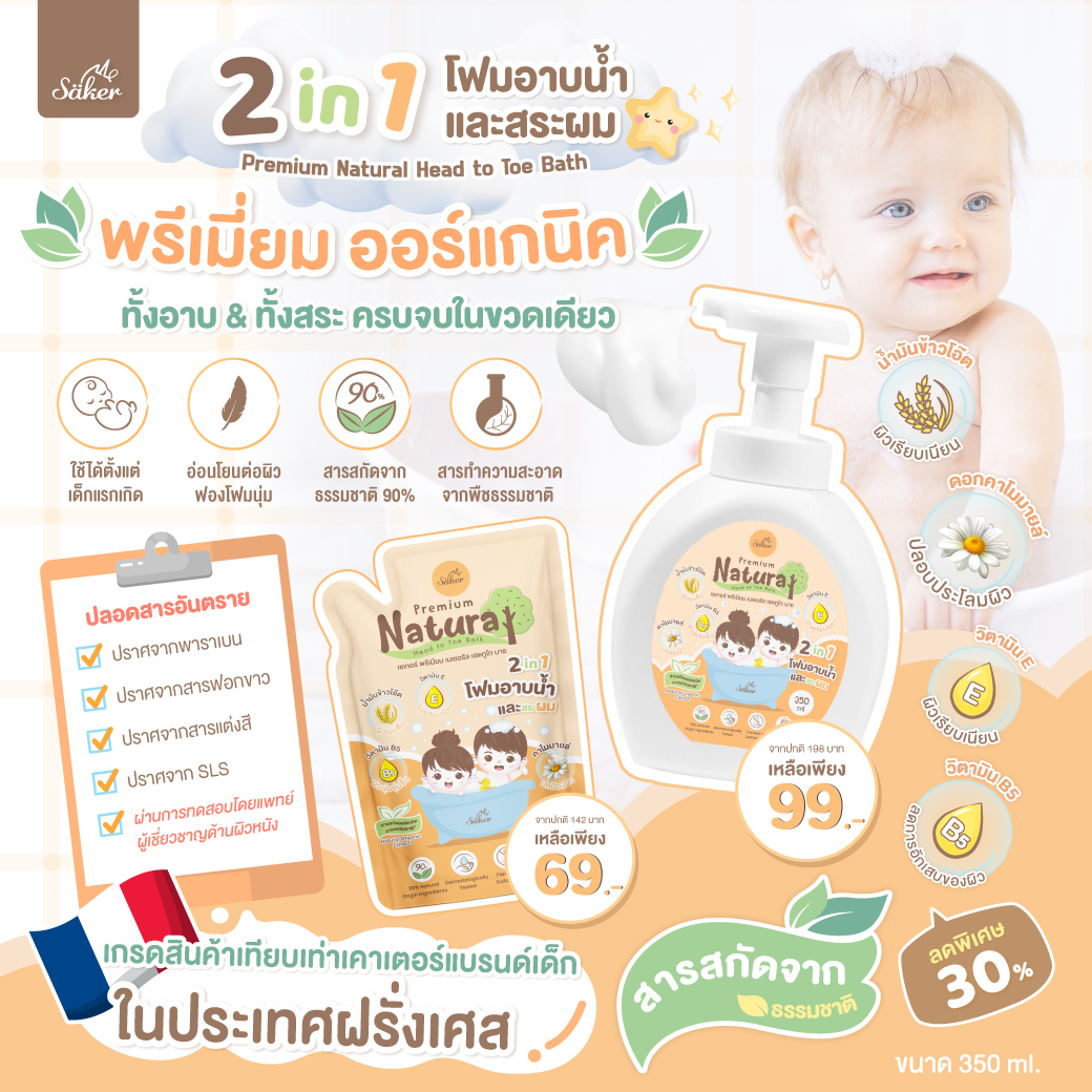 (เกรดแพทย์ผิวหนังรับรอง)โฟมอาบน้ำสระผม 2in1 Saker สารสกัดจากธรรมชาติ อ่อนโยนต่อผิว บำรุงลูกน้อยได้ตั้งแต่หัวจรดเท้า ผ่านการทดสอบทางผิวหนัง ผิวชุ่มชื้นยิ่งขึ้น ใช้ได้ตั้งแต่เด็กแรกเกิด ในขวดปั๊มโฟมพรีเมี่ยมเกรด (Non-toxic)
