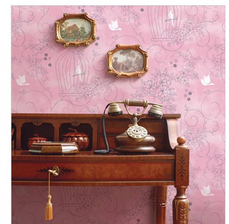 DPS-37 วอลล์เปเปอร์ไวนิล แบบมีกาวในตัว ลายเส้นวาดภาพไม้เลื้อย+กรงนกโทนชมพู หน้ากว้าง 100 cm