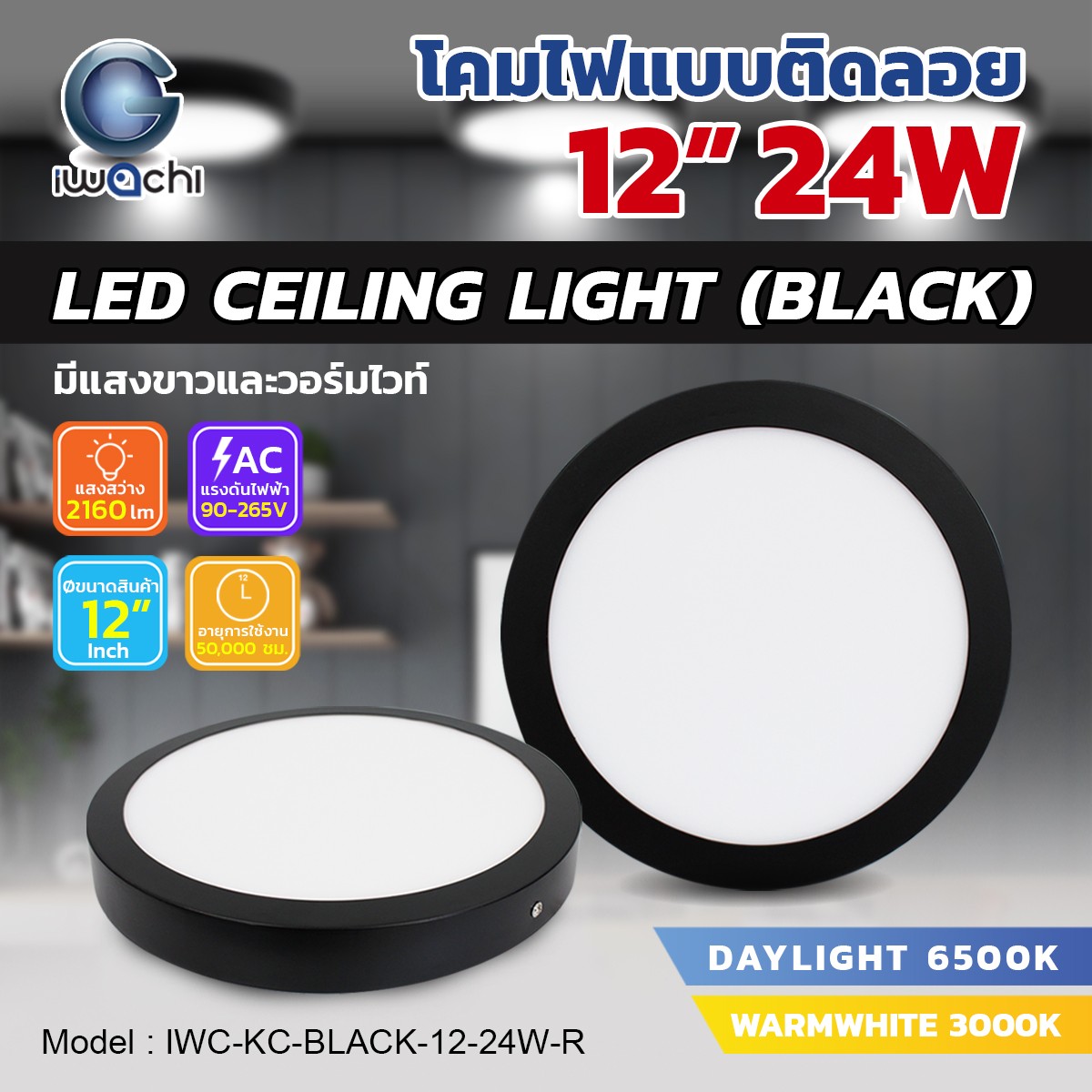 โคมติดลอย Panel / Ceiling Light กลม ขอบดำ 12"/24w แสงขาว