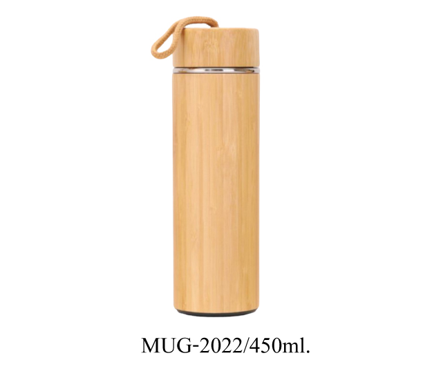 กระบอกน้ำสแตนเลสหุ้มไม้ไผ่ 450ml.มีสายหิ้ว