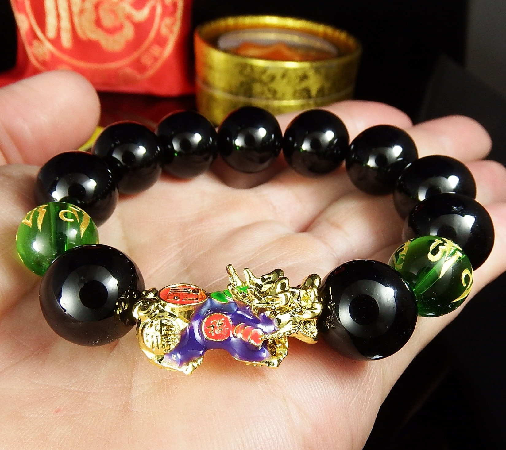 สร้อยข้อมือ ปี่เซี๊ยะ ลูกปัดหินดำ 14 มิล. สวมใส่เพื่อเสริมมงคล โชคลาภ ค้าขายดี