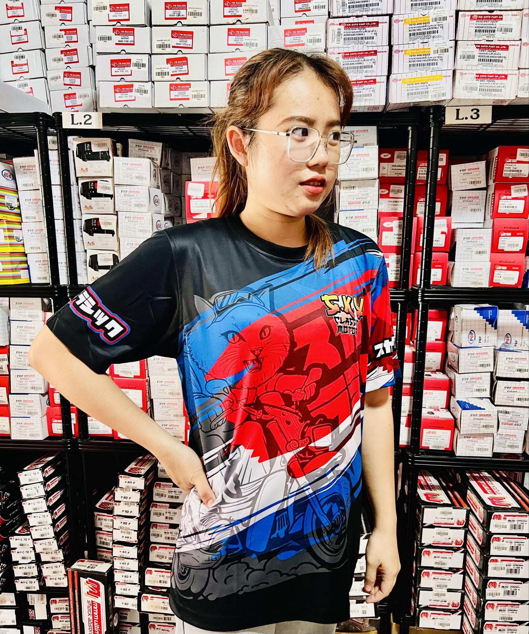 เสื้อกีฬาไมโครเรียบ ทั้งตัว สกรีนลาย แมวคลาสสิค