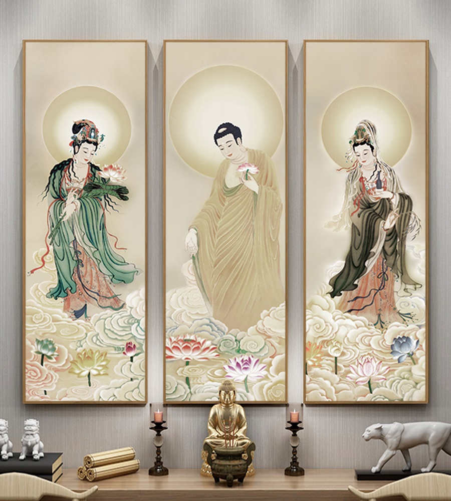 #ภาพวาดสไตล์จีนร่วมสมัยชุด 3 ชิ้น /1 ชิ้น กรอบหนา 3 cm. ขนาด 40x120 cm. /ไม่มีกระจก