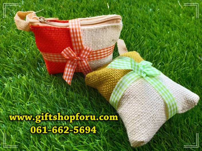 กระเป๋าสตางค์ผ้ากระสอบ สีทูโทนผูกโบว์ ของชำร่วยถูก