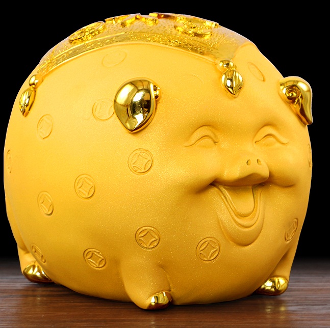 กระปุกออมสินหมูทองมงคล เก็บเงินเก็บทองเต็มท้อง ขนาด 19x15x15 cm.