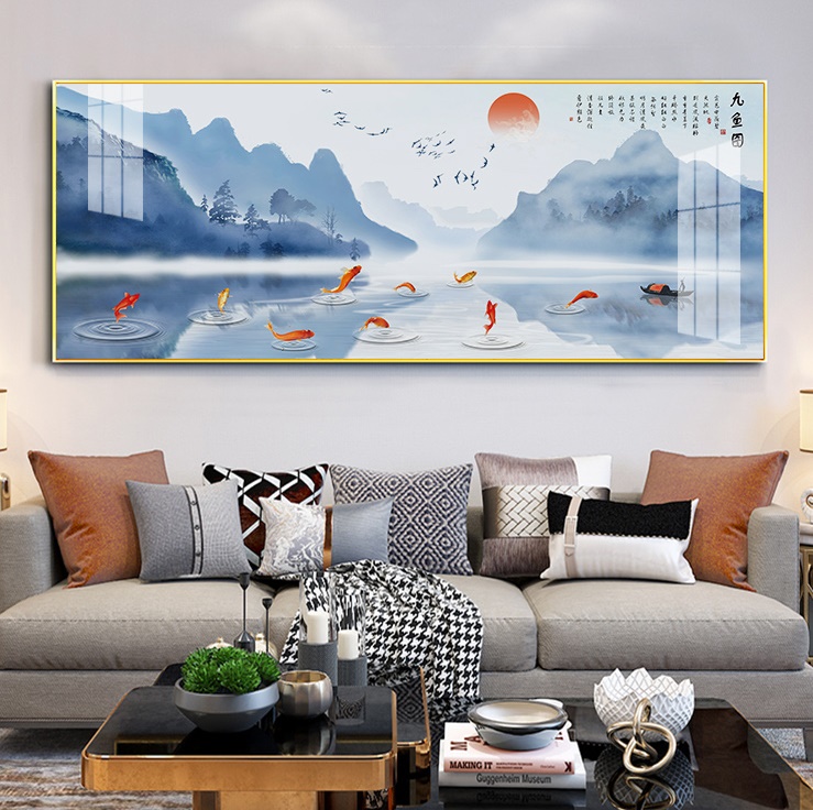 #ภาพวาดธรรมชาติ,ปลามงคลสไตล์จีน รูปแบบร่วมสมัย ขนาด 50x125 cm. กรอบรอยไม่มีกระจก