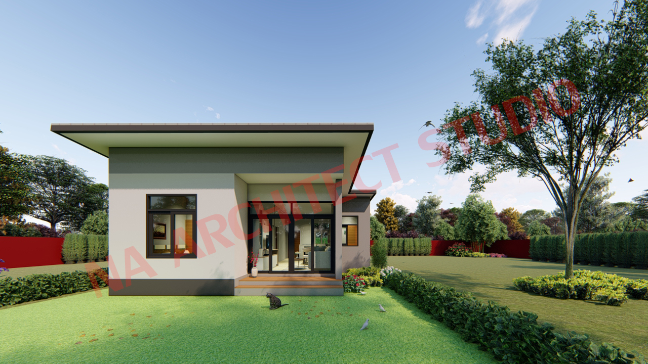 แบบบ้านชั้นเดียว สไตล์โมเดิร์นมินิมอล NA-114 ขนาด 63 ตร.ม. 2 ห้องนอน 2 ห้องน้ำ