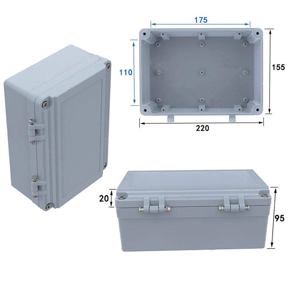 กล่องอลูมิเนียมกันน้ำ IP66 สีเทา ขนาด 220 X 155 X 95 มม. แบบมีบานพับ